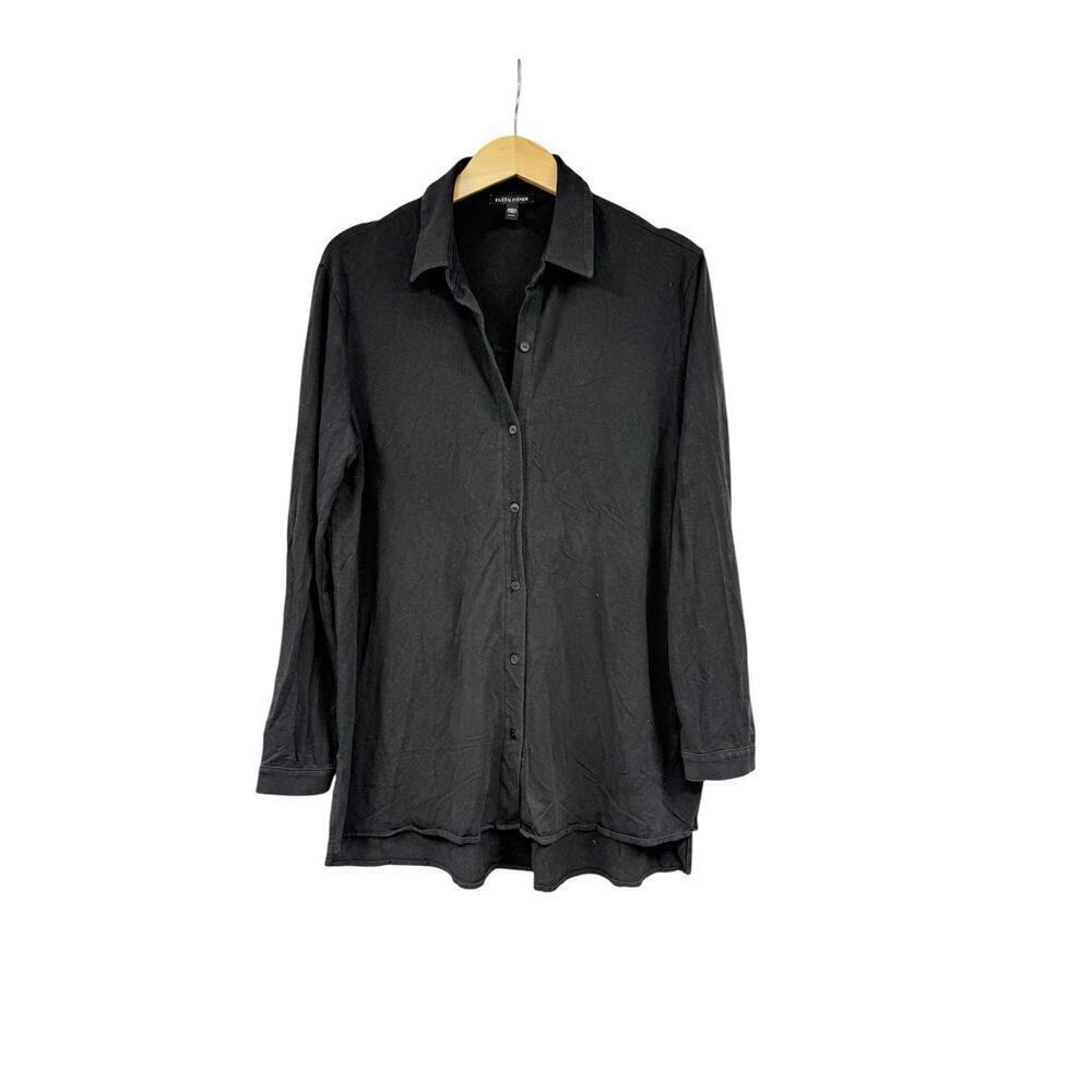 Eileen Fisher Black Tencel Blend Button Up Tunic Top Soft Stretch Womens XS